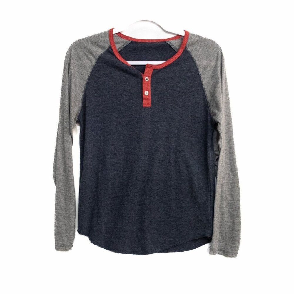 Girls Blue Gray Henley Shirt Long Sleeve Colorblock Round Neck Pullover Size S